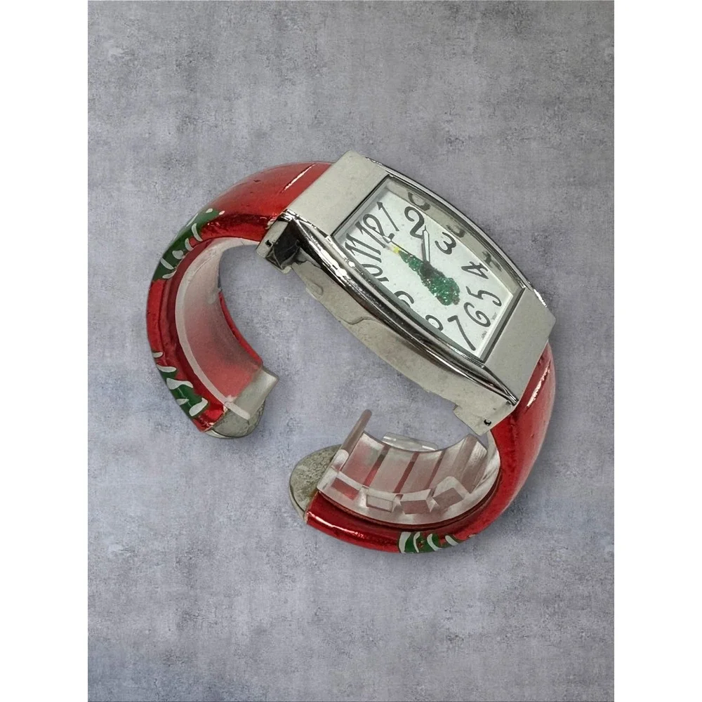 Accutime Christmas Tree Cuff Watch Womens Red Silver Fair Holiday Novelty
